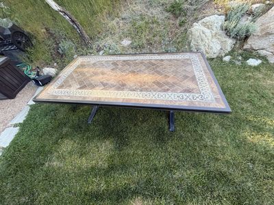 Patio tile table and 6 sling chairs
