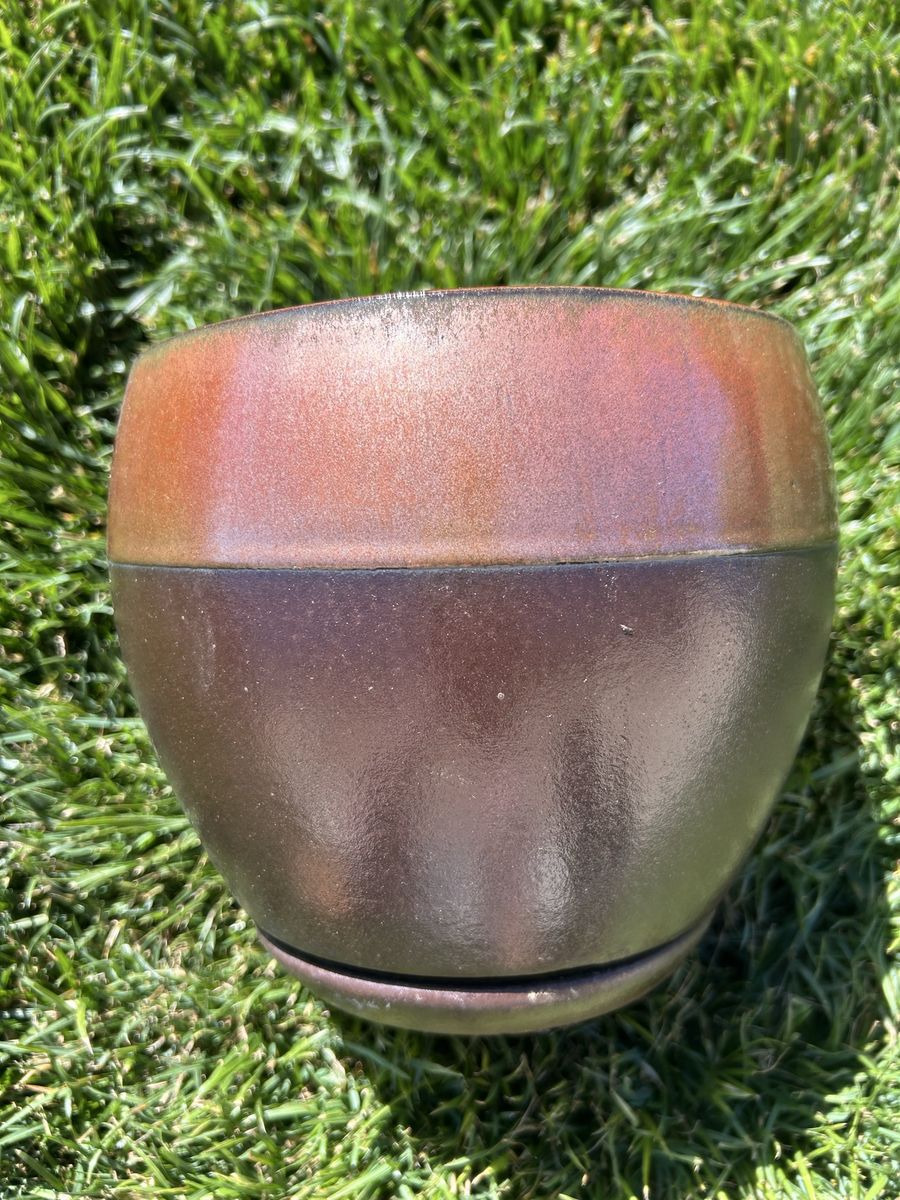 Ceramic Plant Pot with Drainage Hole & Saucer - Brown/Bronze Glazed Finish