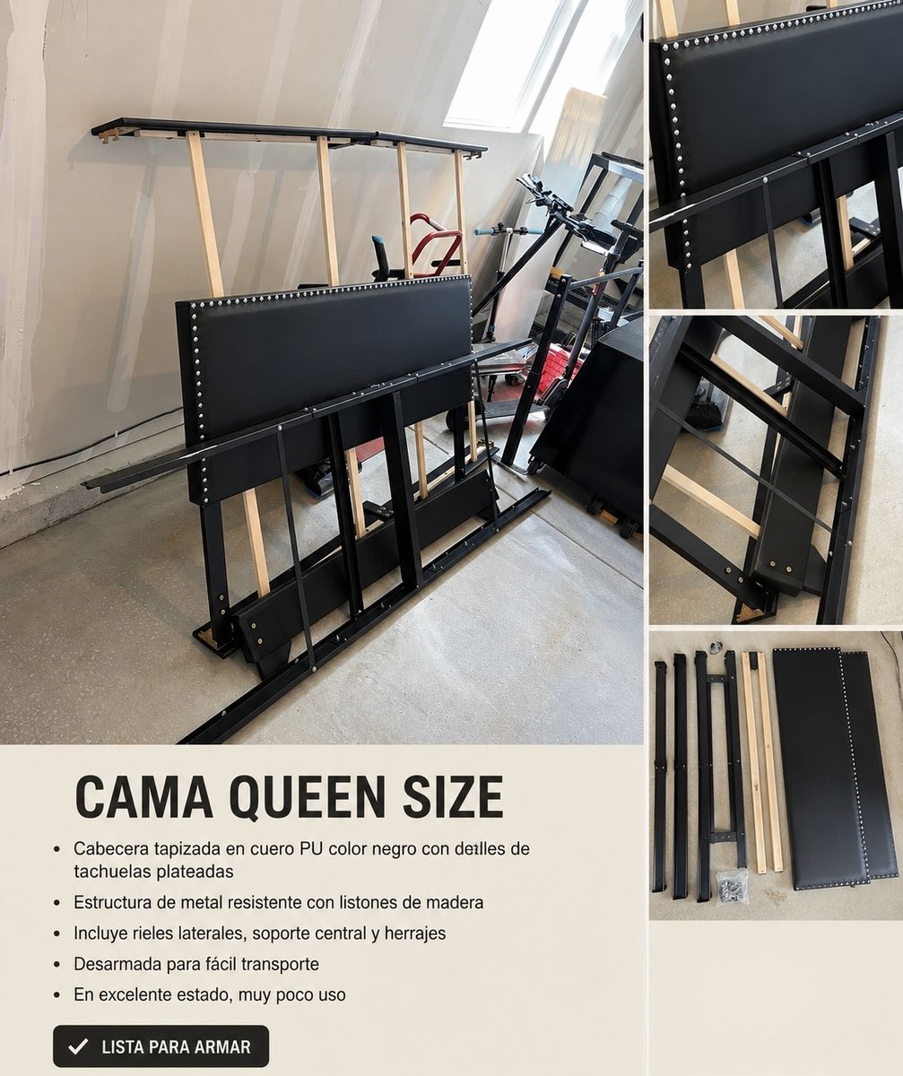 Queen Size Black Faux Leather Tufted Bed Frame with Metal Slats