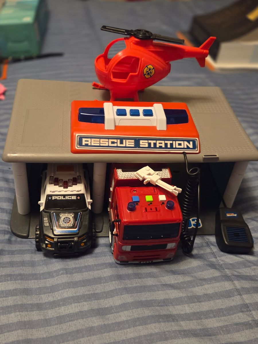 Rescue Station Playset with Police Car, Fire Truck, Helicopter, and Microphone
