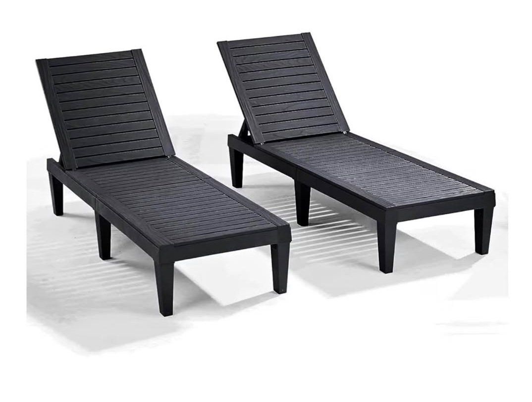 Adjustable Black Patio Loungers - Set of 2 Waterproof PP Material Chaise Lounge Chairs
