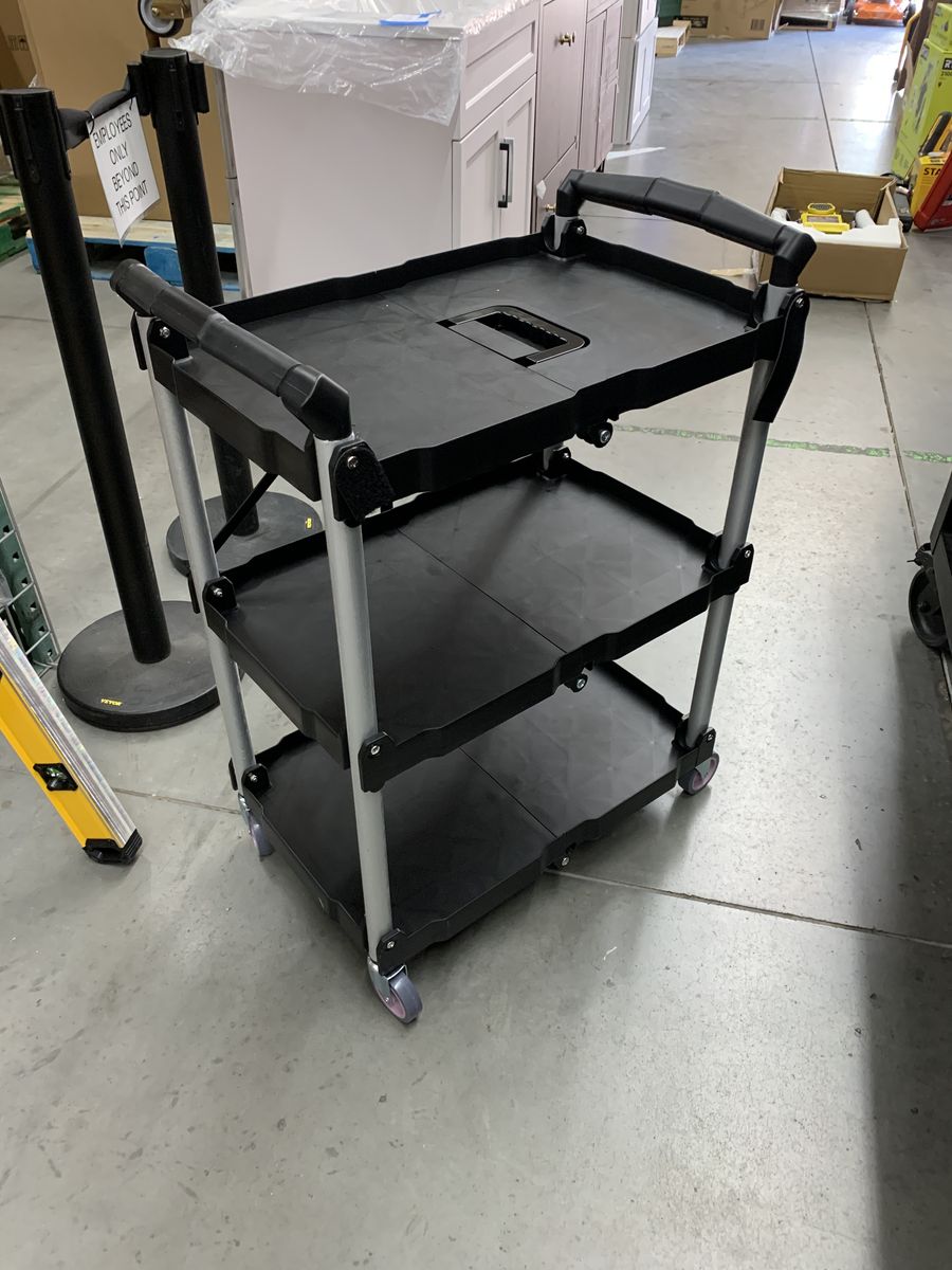VEVOR 3-Shelf Foldable Utility Service Cart 165 lbs. Capacity Heavy Duty Plastic Rolling Cart in Black with Lockable Wheels