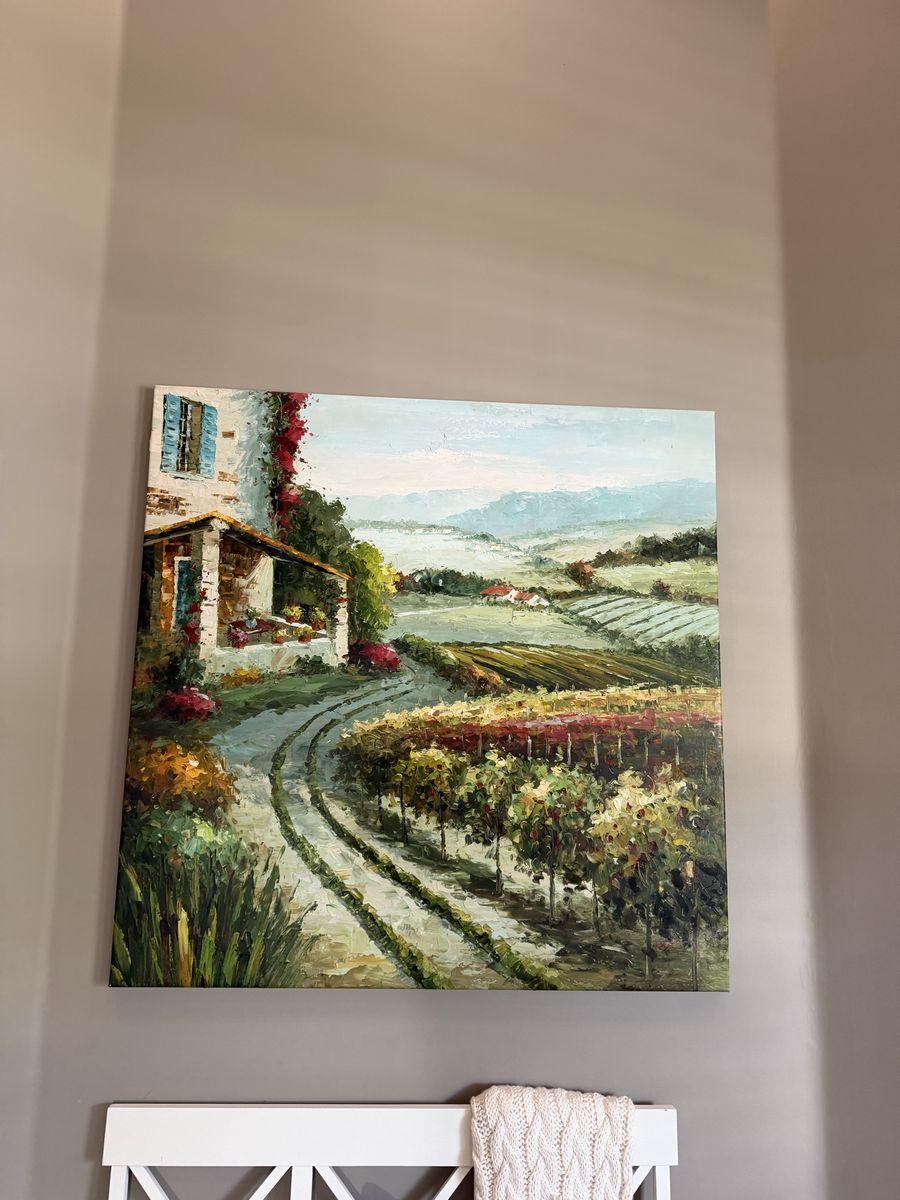 Large Vineyard Landscape Oil Painting Wall Art - Tuscan Villa Scenery