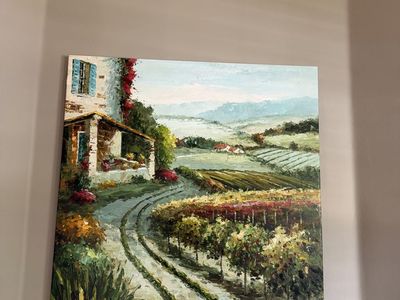 Large Vineyard Landscape Oil Painting Wall Art - Tuscan Villa Scenery