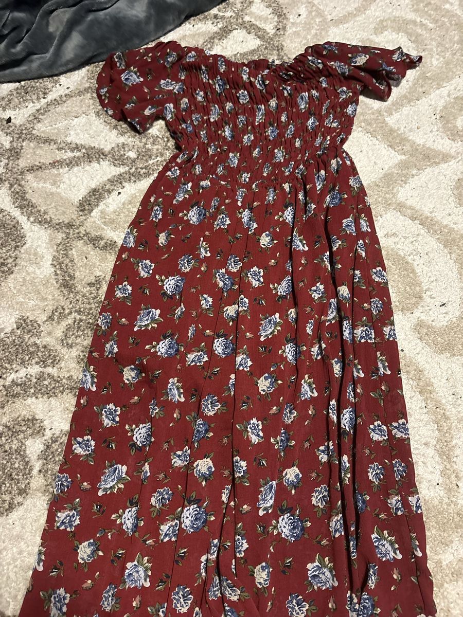 Floral Smocked Off-Shoulder Midi romper , Burgundy with Blue Flowers, Cottagecore Style, Size S