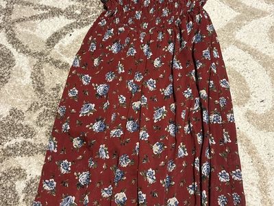 Floral Smocked Off-Shoulder Midi romper , Burgundy with Blue Flowers, Cottagecore Style, Size S