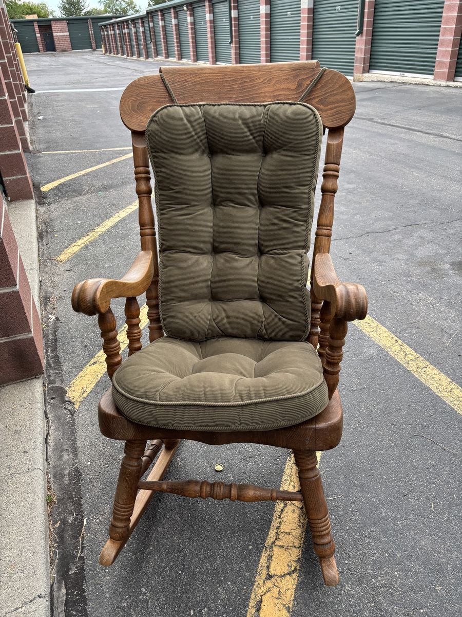 Classic Oak Wood Rocking Chair with removable Olive Green Corduroy Cushions