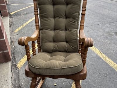 Classic Oak Wood Rocking Chair with removable Olive Green Corduroy Cushions