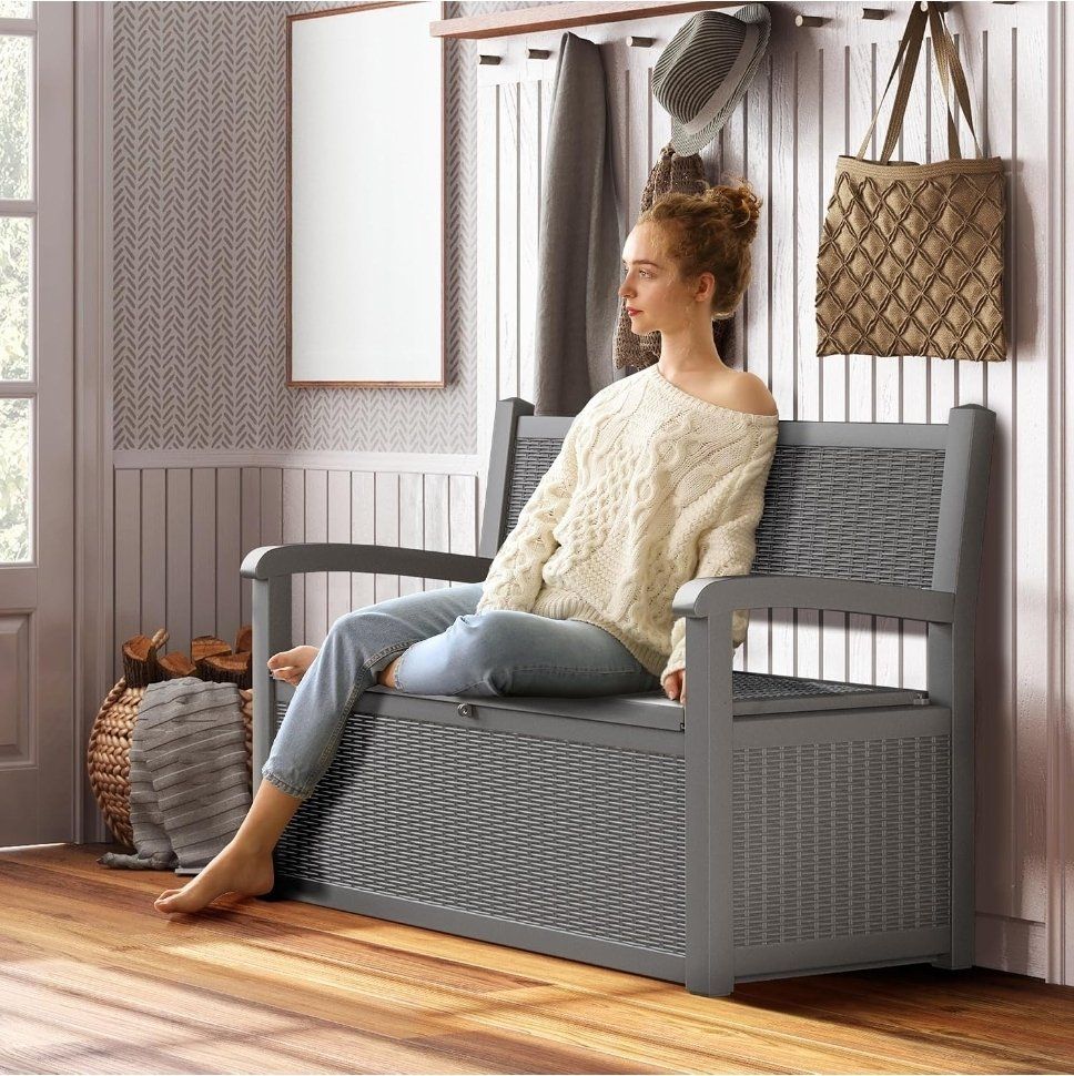 NEW 70-GALLON OUTDOOR OR INDOOR STORAGE BENCH – WATERPROOF & LOCKABLE – GRAY