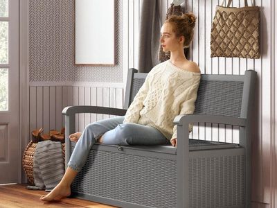 NEW 70-GALLON OUTDOOR OR INDOOR STORAGE BENCH – WATERPROOF & LOCKABLE – GRAY