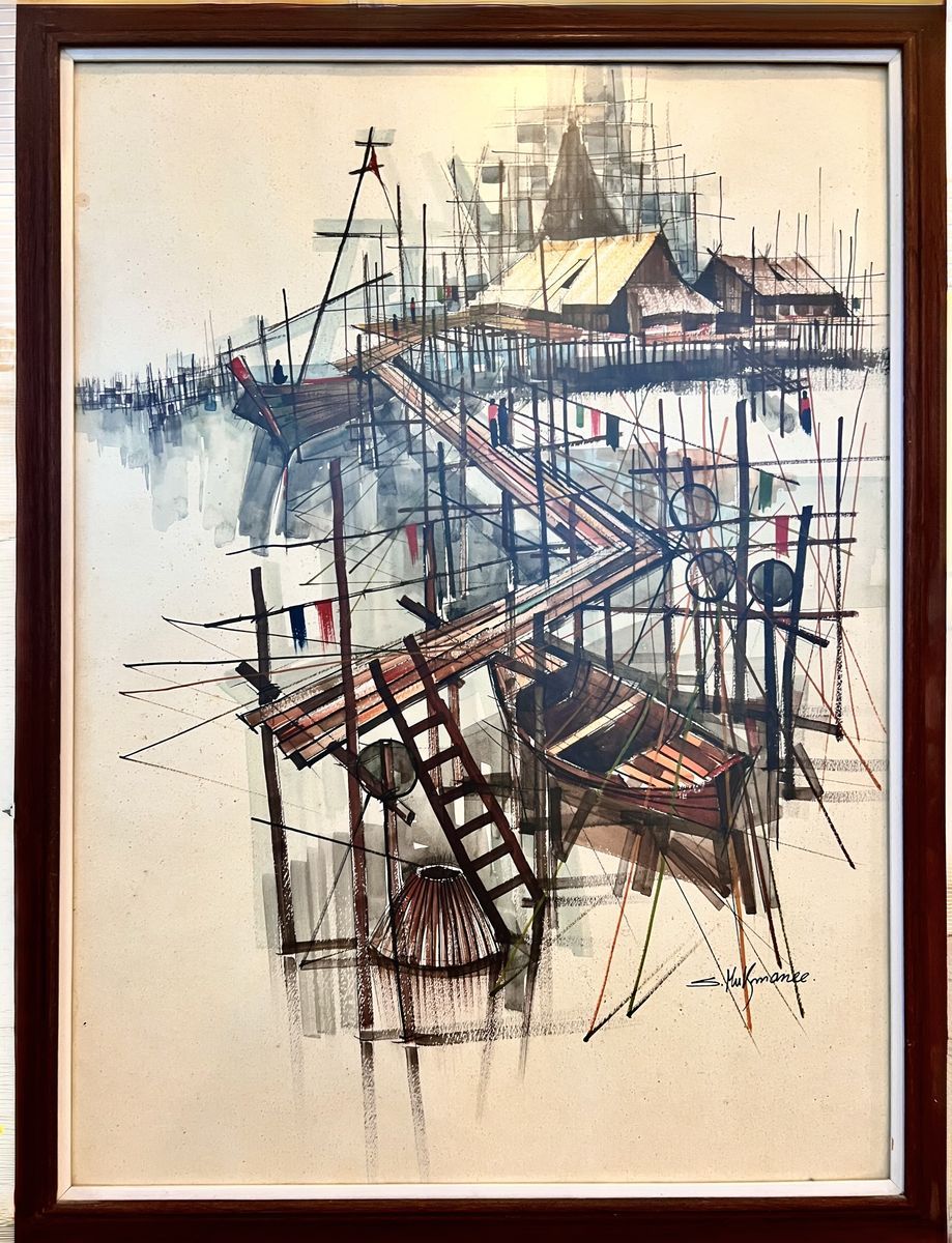 Mid-Century Modern Thai Fishing Village Original Watercolor Painting by Sanga Mukmanee - Framed