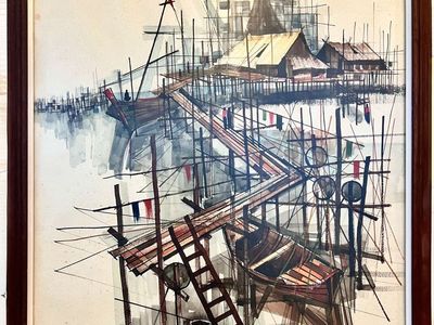 Mid-Century Modern Thai Fishing Village Original Watercolor Painting by Sanga Mukmanee - Framed