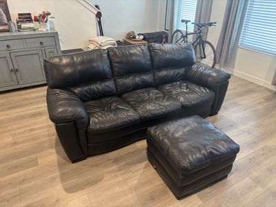 Black Leather Sofa & Ottoman