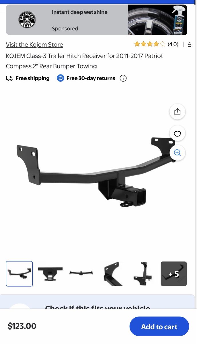 KOJEM Class-3 Trailer Hitch Receiver for 2011–2017 Jeep Patriot / Compass 2" Rear Bumper Towing (NEW IN BOX)