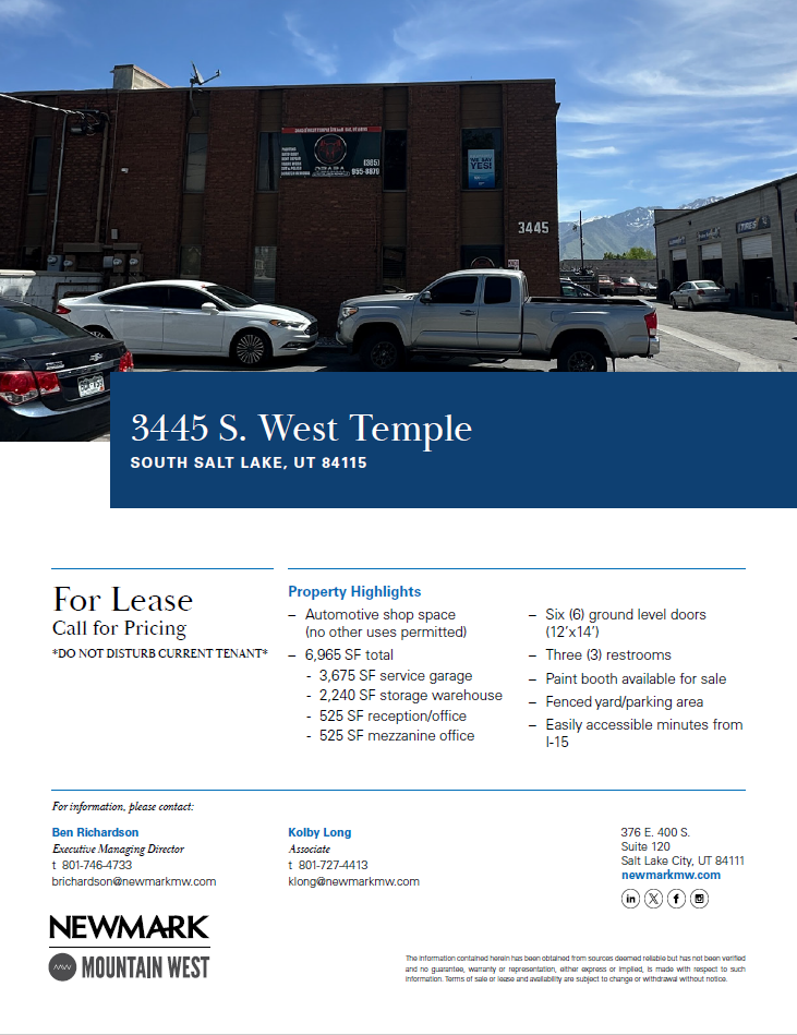 Auto Shop Warehouse South SLC For Lease