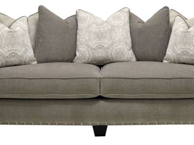 Gray Fabric Loveseat with Nailhead Trim & Accent Pillows - Perfect Condition