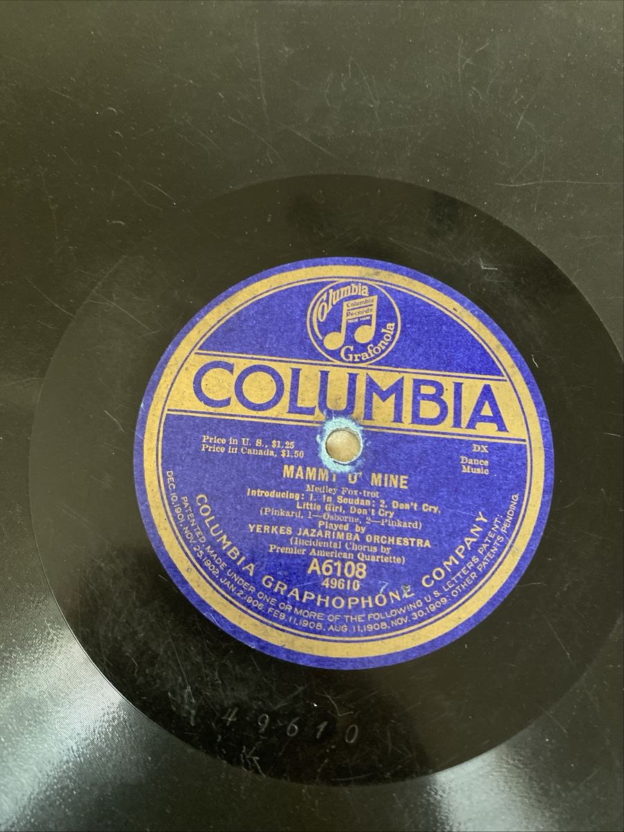 Vintage Columbia Grafonola 78 RPM Record - Mammy O' Mine (Yerkes Jazarimba Orchestra) A6108