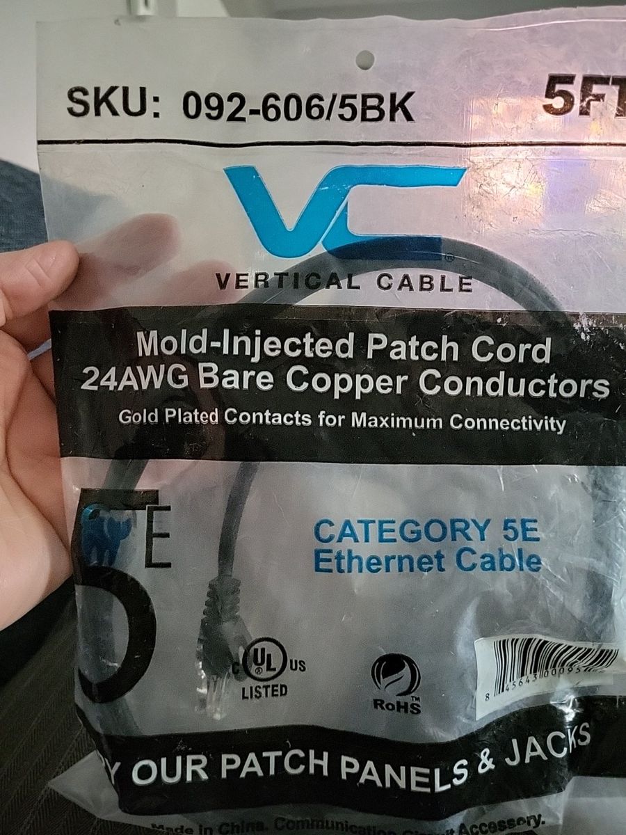 Vertical Cable 5ft Category 5E Ethernet Cable - Mold-Injected, Gold Plated, 24AWG, Bare Copper