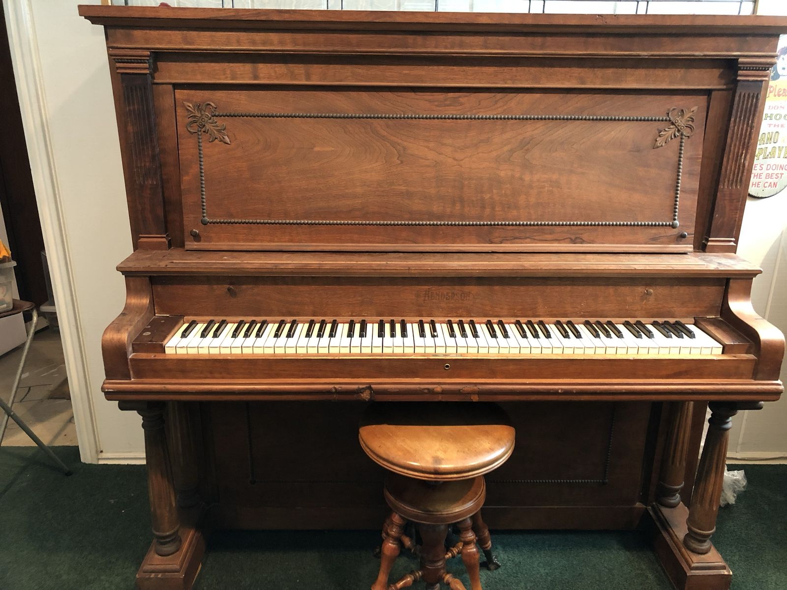 Henderson Upright Piano - Antique Wooden Piano with Carved Details