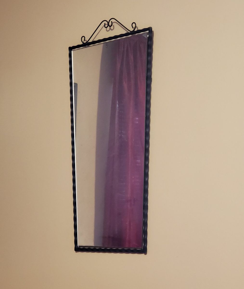 German Wrought Iron Framed Wall Mirror and Wooden Corner Wall Shelf with Wrought Iron Candle Holder