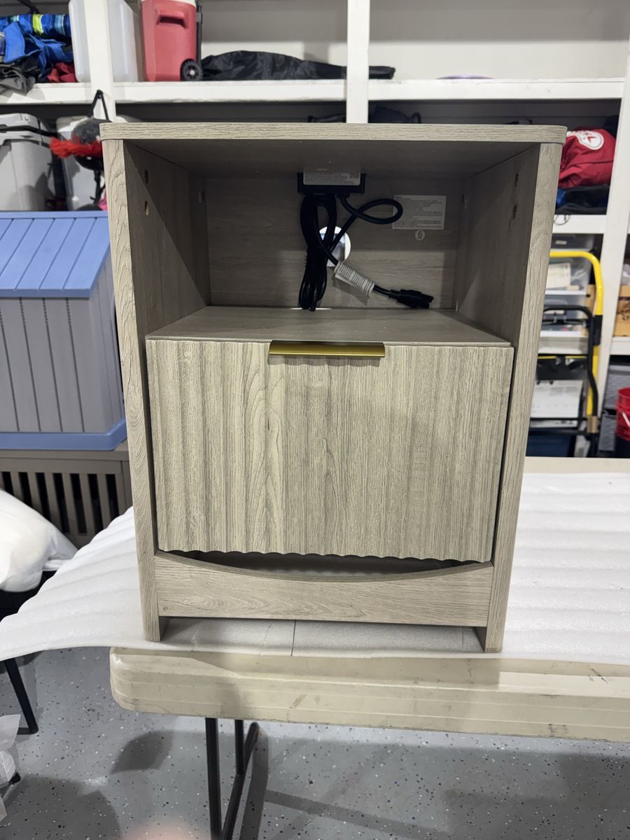 Modern Grey Wood Nightstand w/ Drawer & Built-in Power Outlets & USB Ports