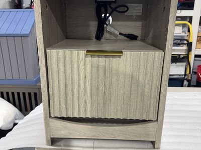 Modern Grey Wood Nightstand w/ Drawer & Built-in Power Outlets & USB Ports