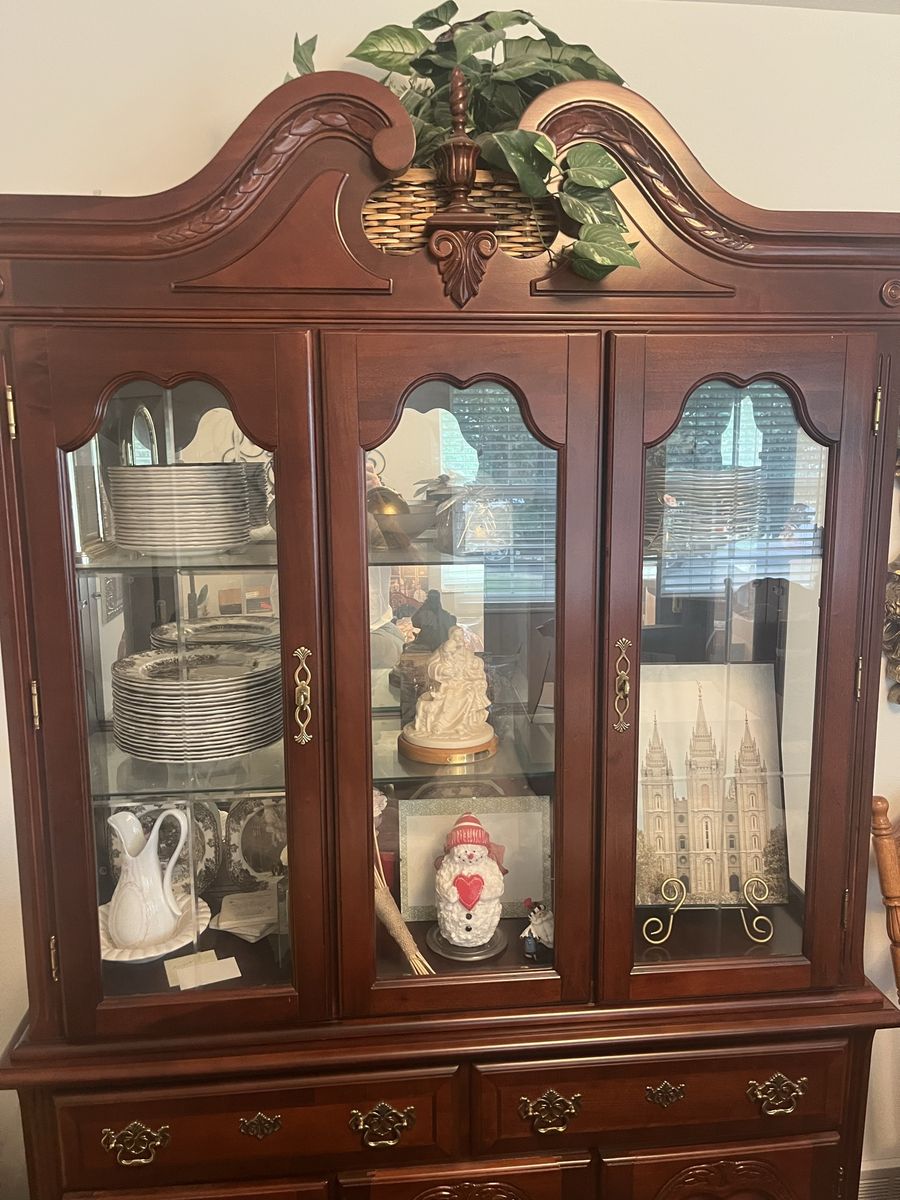 Vintage Wooden China Cabinet & Hutch with Glass Display Doors