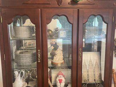 Vintage Wooden China Cabinet & Hutch with Glass Display Doors