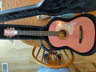 Guitar, case, stand, and accessories.