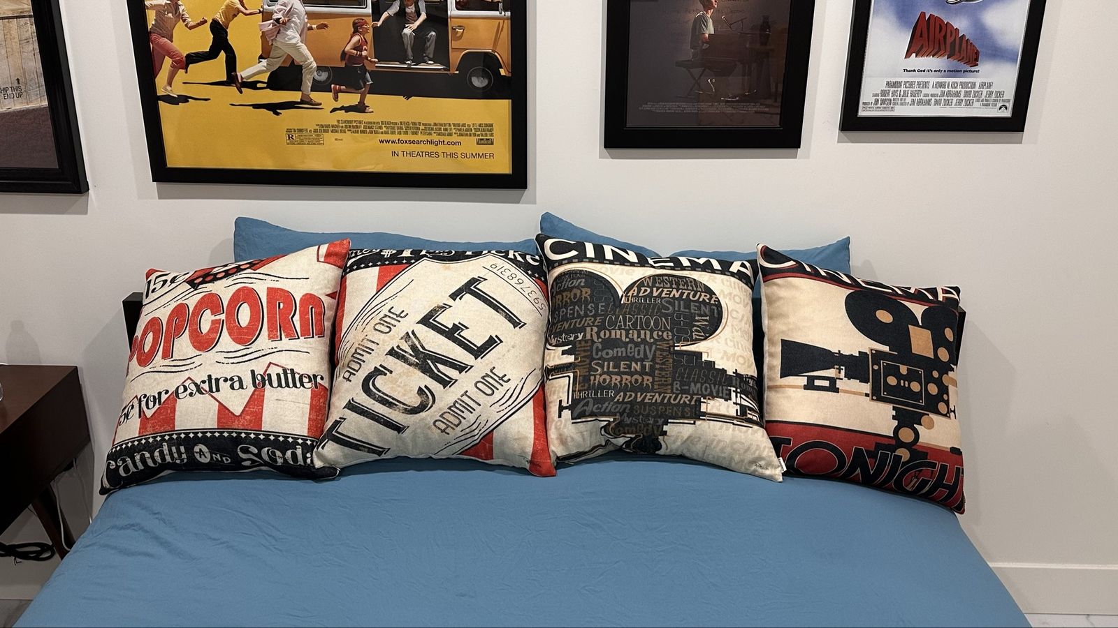 Set of 4 Movie Theater Throw Pillows – Cinema Popcorn Ticket Camera Decor