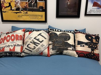 Set of 4 Movie Theater Throw Pillows – Cinema Popcorn Ticket Camera Decor