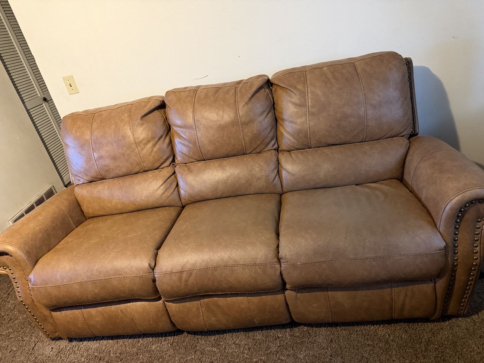 Brown Leather Reclining Living Room Set - Sofa and Loveseat