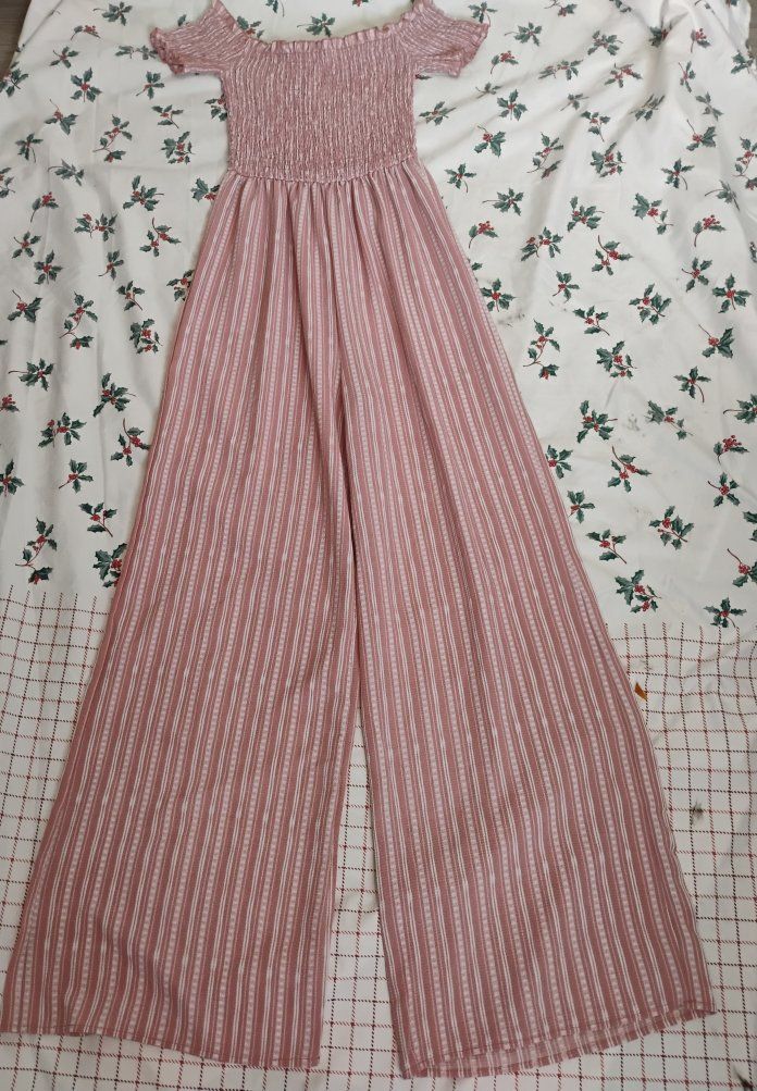 Women's Pink & White Striped Off-Shoulder Smocked Jumpsuit - Size Small