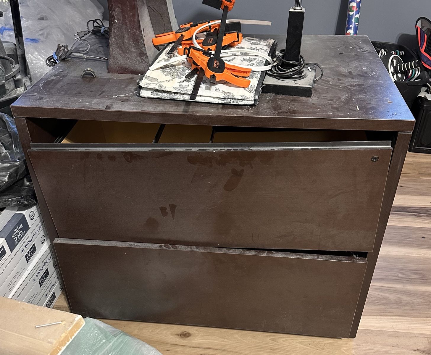 Desk and filing cabinet