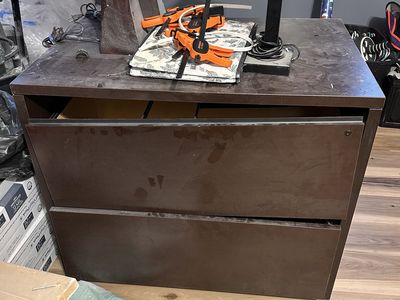 Desk and filing cabinet