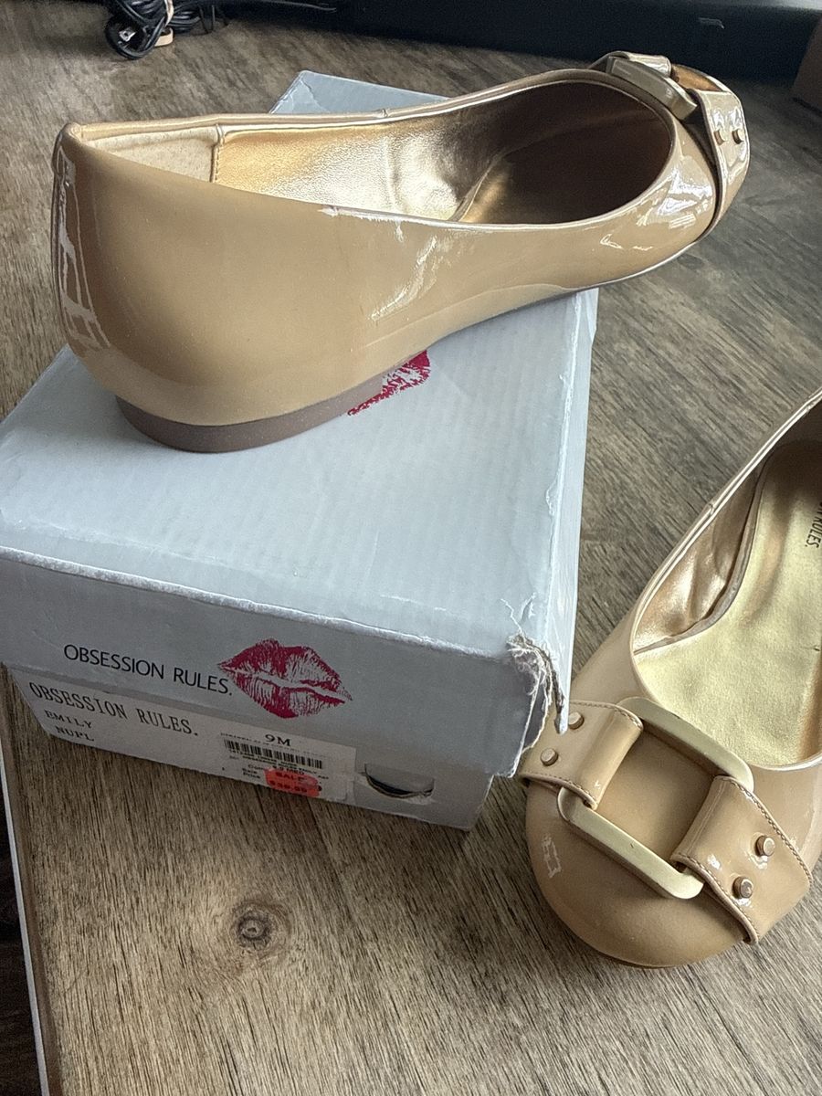 Obsession Rules Emily Nude Patent Ballet Flats - Women's Size 9M with Gold Buckle Detail