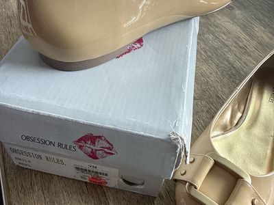 Obsession Rules Emily Nude Patent Ballet Flats - Women's Size 9M with Gold Buckle Detail