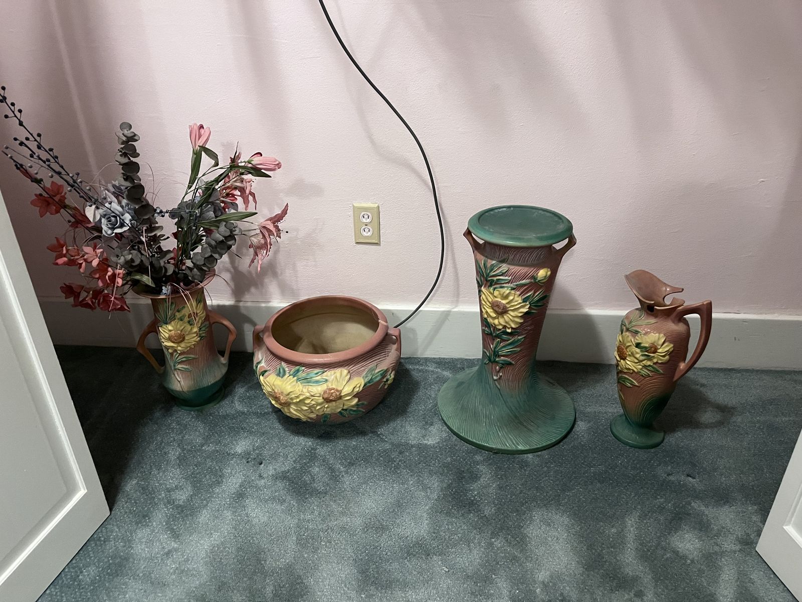 Vintage Roseville Pottery Vases and Planter Set with Floral Relief