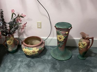 Vintage Roseville Pottery Vases and Planter Set with Floral Relief