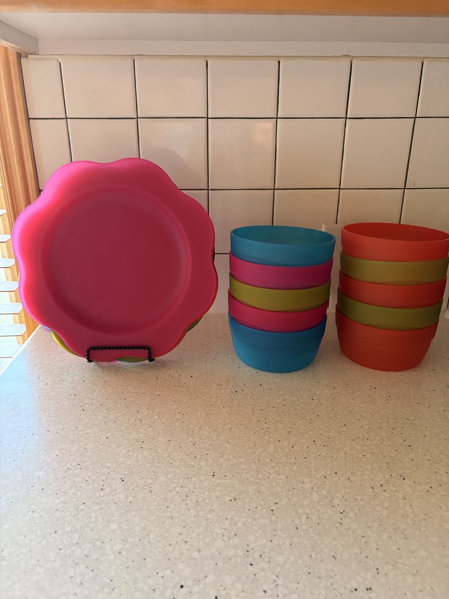 Colorful Matte Plastic Dinnerware Set - Plates, Bowls, and Wine Goblets