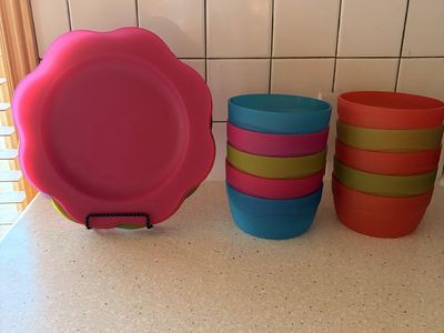 Colorful Matte Plastic Dinnerware Set - Plates, Bowls, and Wine Goblets
