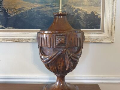 Vintage Heavy Carved Wood Urn Lamp Dual Bulbs