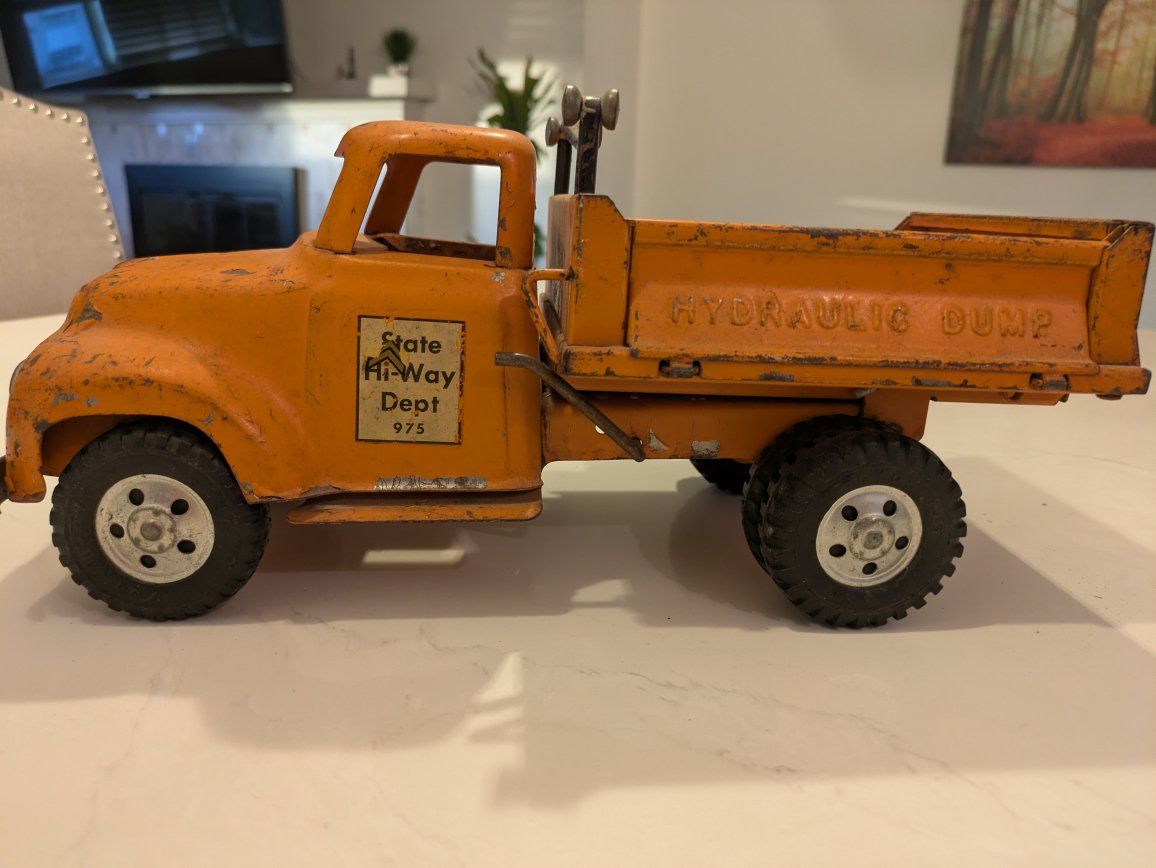 Vintage 1950's Tonka Hydraulic Dump Truck "State Highway Dept" Orange Metal Toy Truck