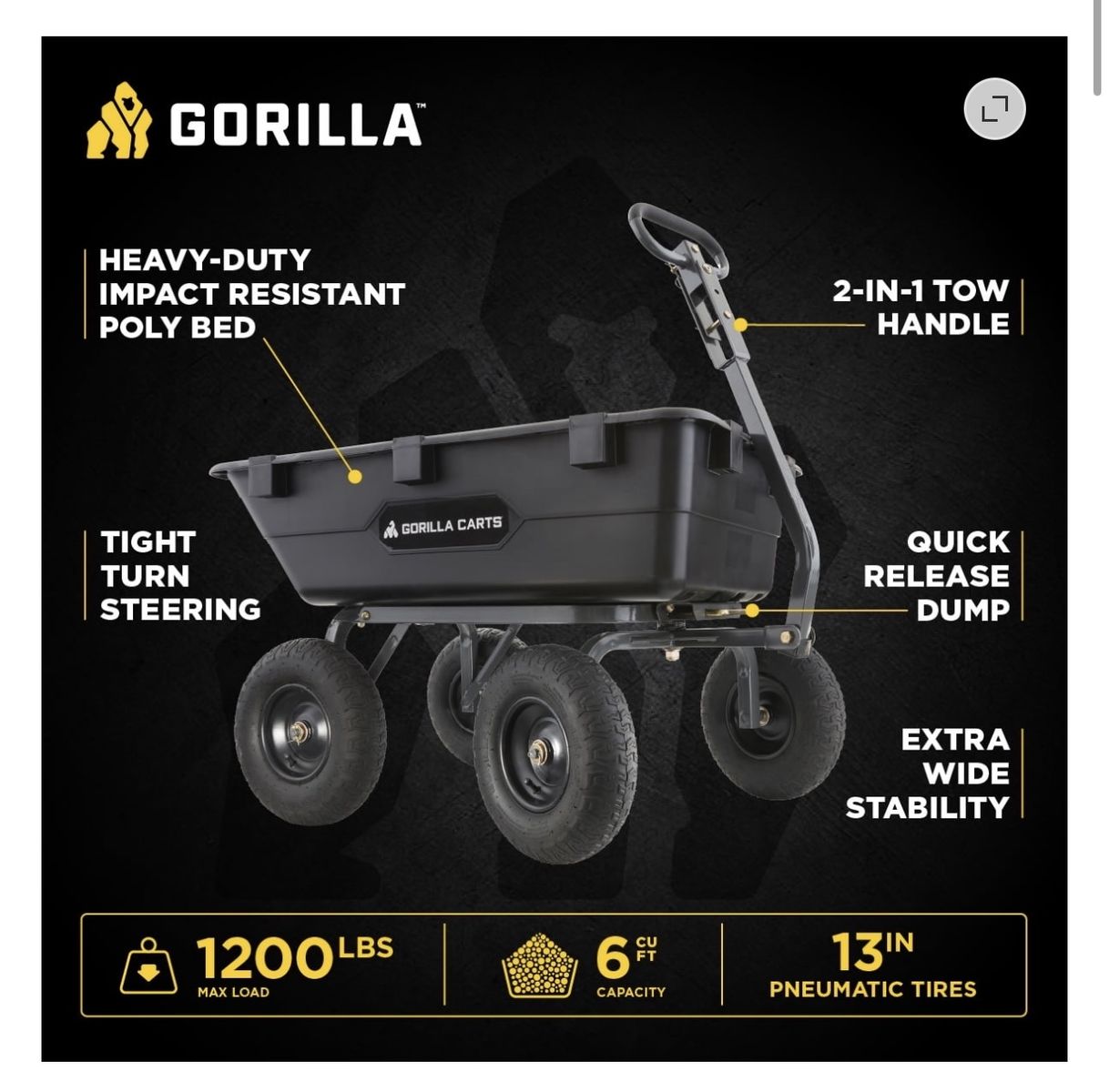 Gorilla Carts Heavy-Duty Poly Dump Cart - 1200 lb Capacity / 6 Cu. Ft.