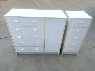 Two chest of drawers, dressers, one with shelves.