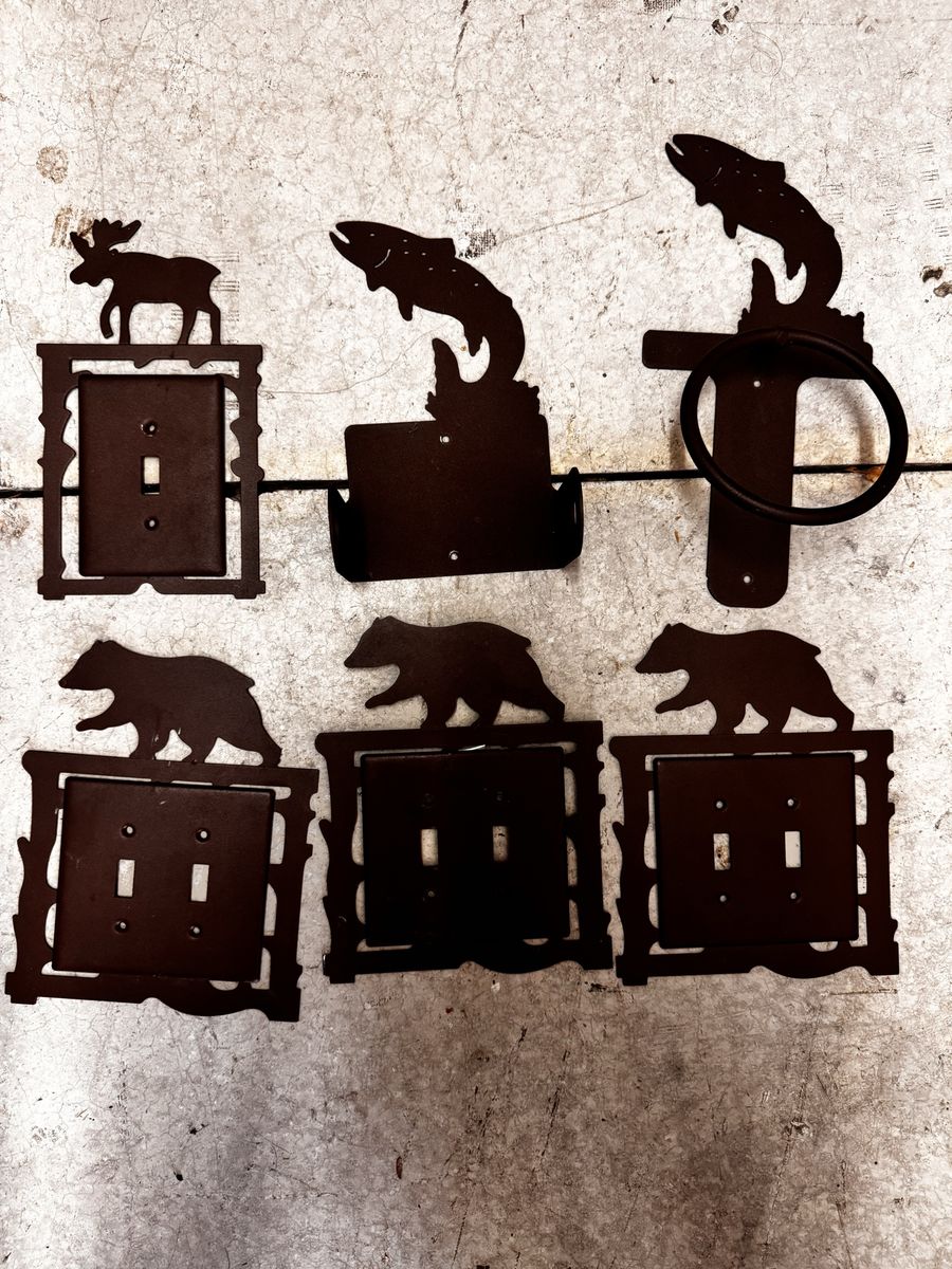 Rustic Metal Wildlife Decor Set - Switch Plates, Towel Ring & toilet paper Holder