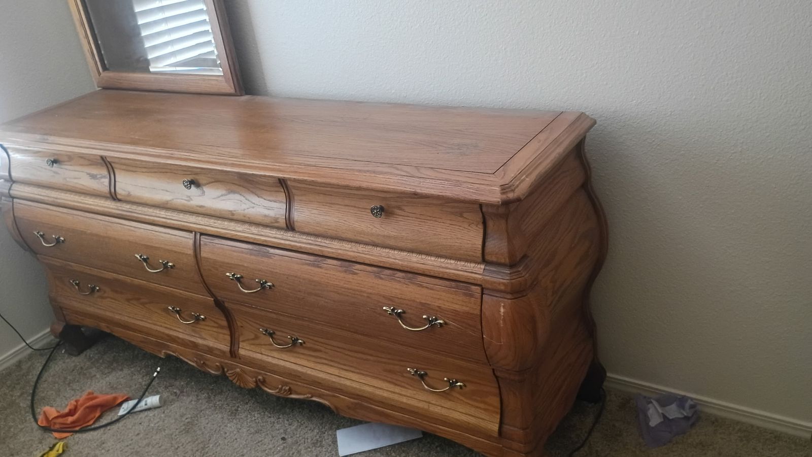 Vintage Solid Oak Triple Dresser with Attached Mirror - Curved Drawers