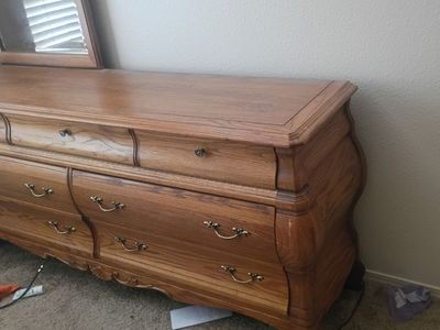 Vintage Solid Oak Triple Dresser with Attached Mirror - Curved Drawers