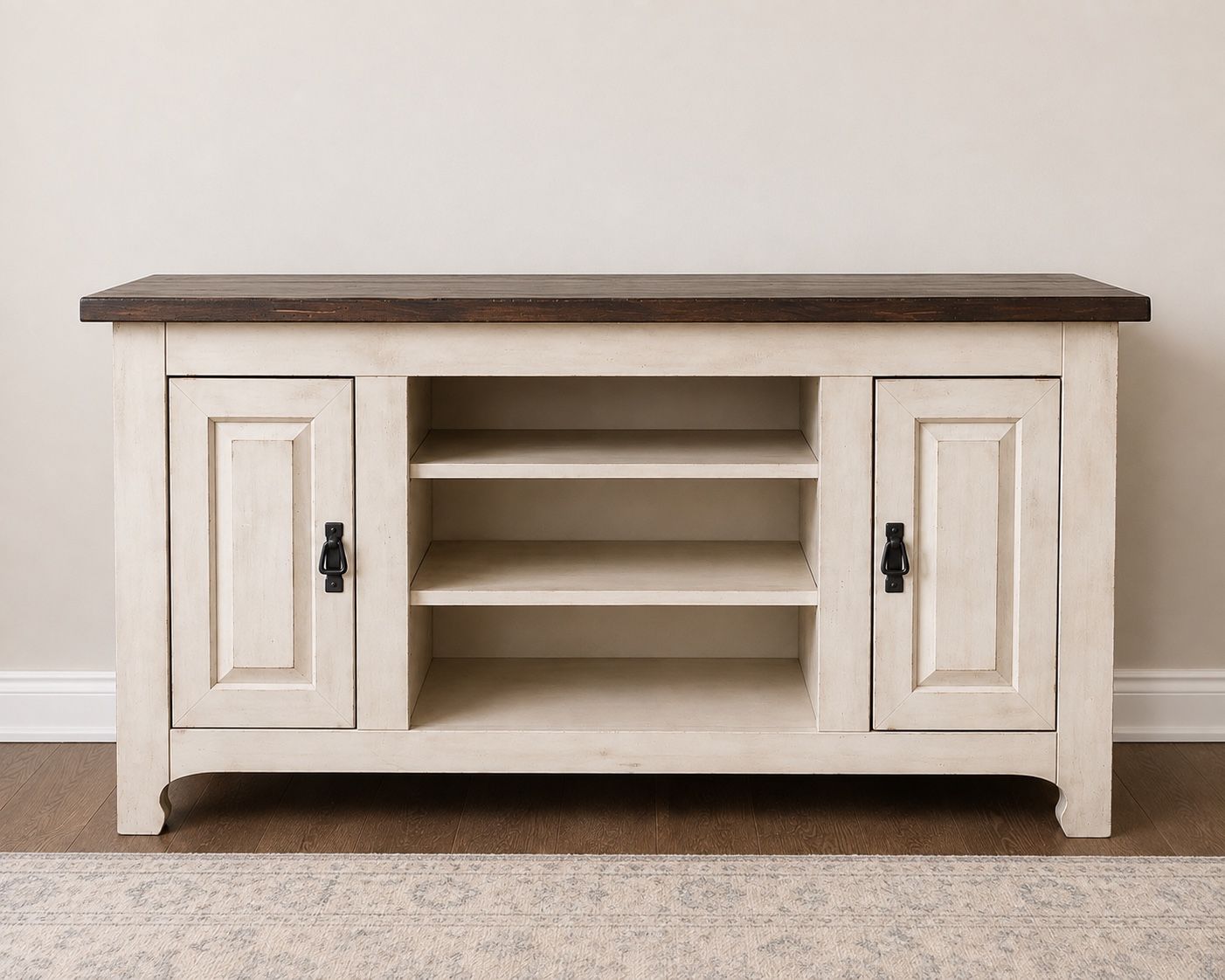 54” Farmhouse TV Stand & Media Console - Distressed Off-White & Dark Wood Top