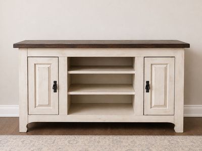 54” Farmhouse TV Stand & Media Console - Distressed Off-White & Dark Wood Top